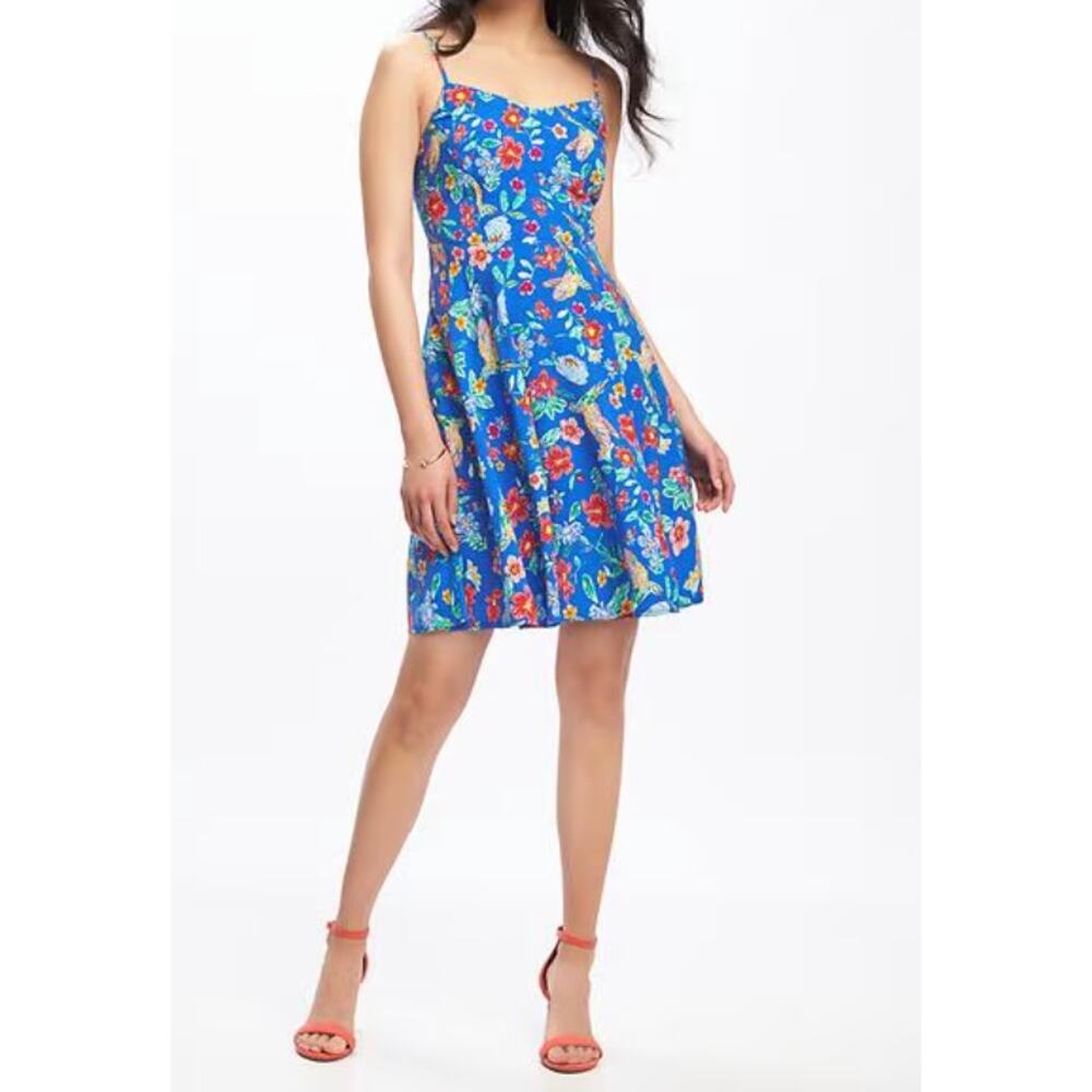Old Navy Blue Tropical Floral Cami Fit Flare Sundress Bird Print Summer Large